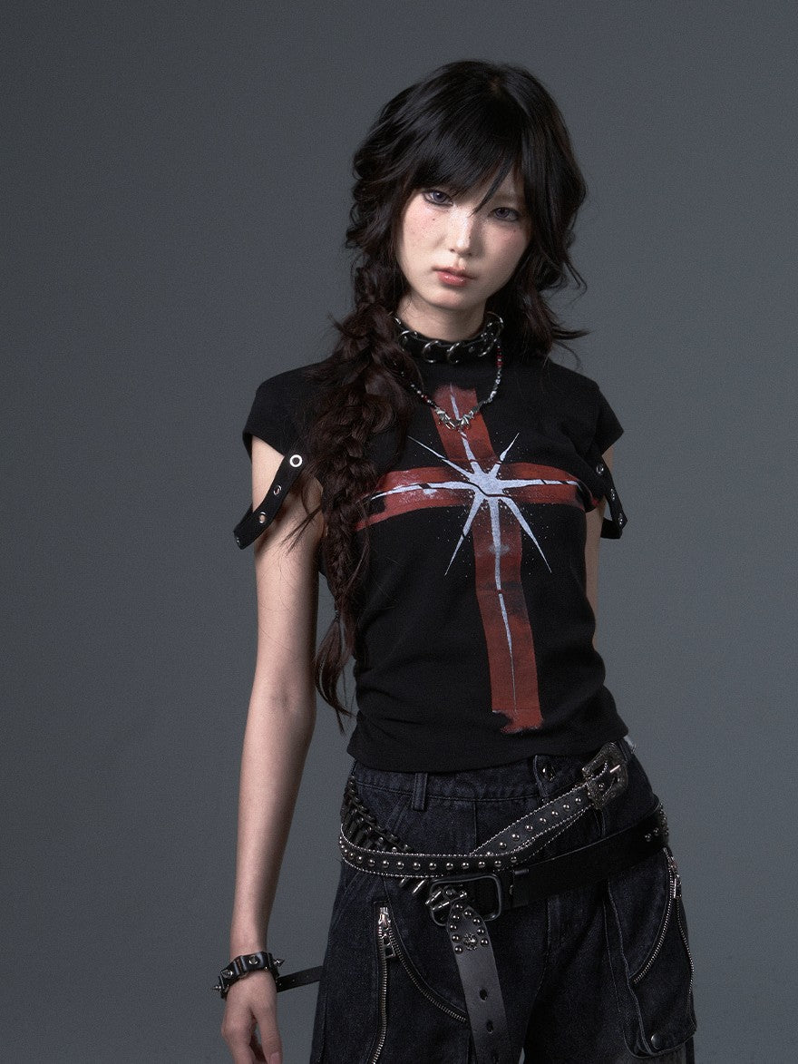 Frustration Garden Punk Cross Print Slim Fit Drawstring Women's Cotton Short Sleeve T-shirts