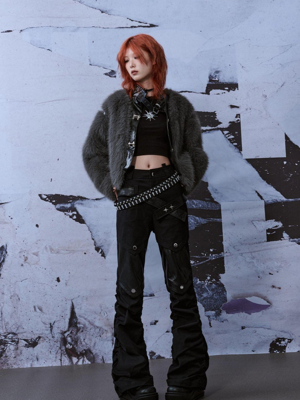 Frustration Garden Punk Metal Spliced Faux Fur Loose Fit Women's Cropped Jackets