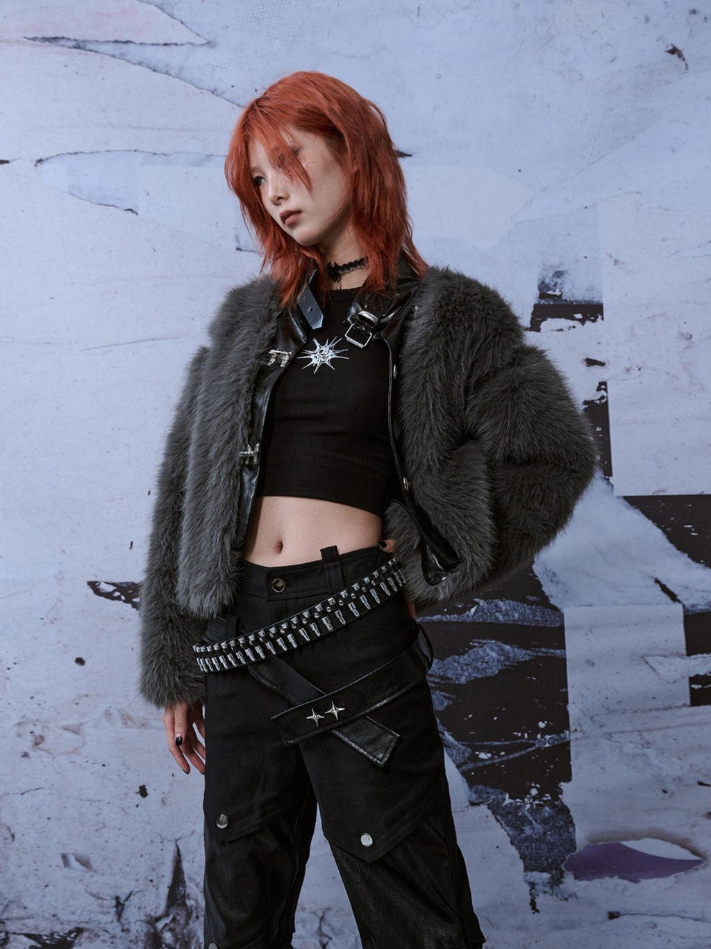 Frustration Garden Punk Metal Spliced Faux Fur Loose Fit Women's Cropped Jackets