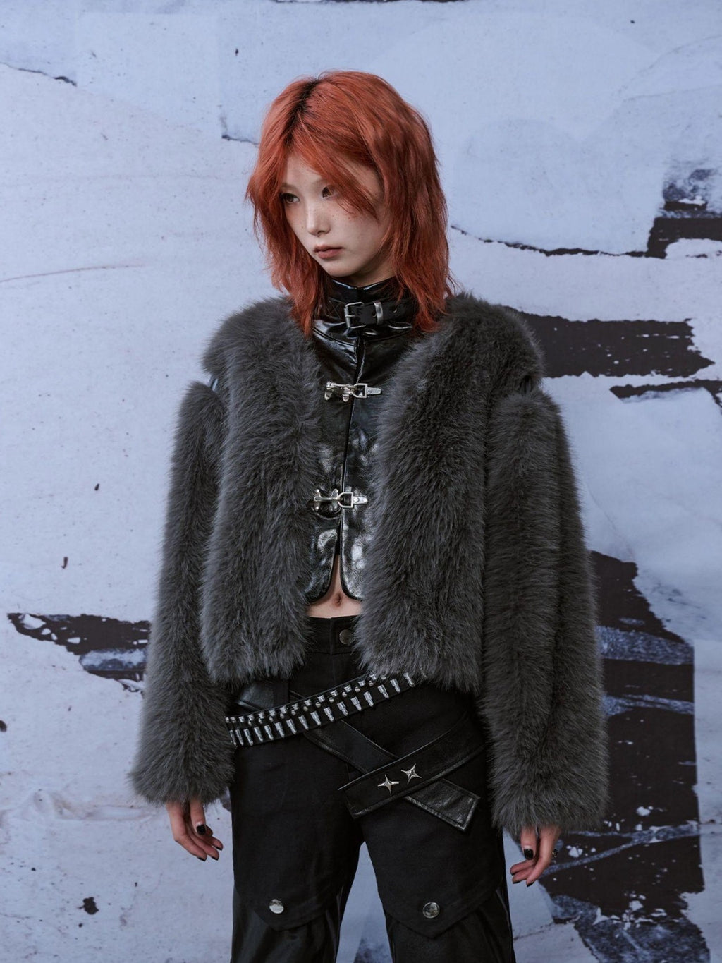 Frustration Garden Punk Metal Spliced Faux Fur Loose Fit Women's Cropped Jackets