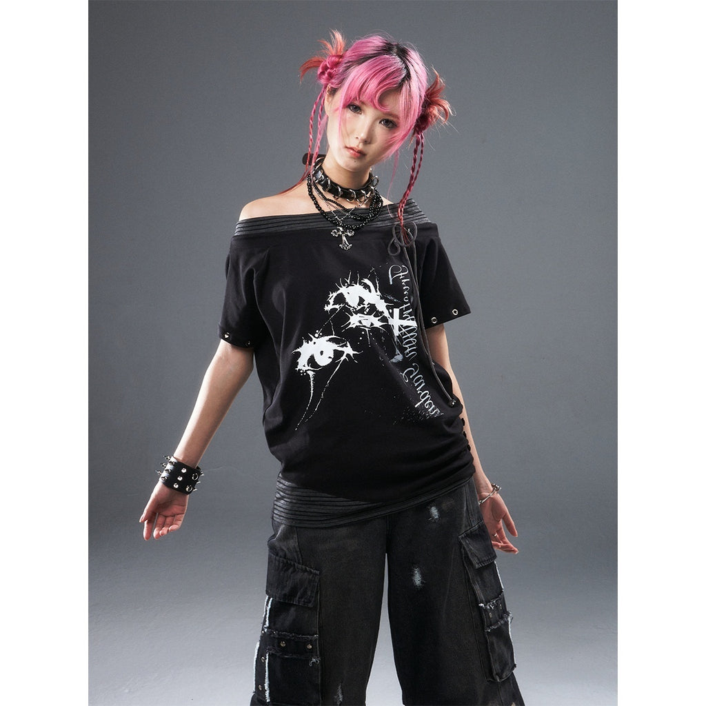 Frustration_Garden_Punk_Print_Asymmetric_Drawstring_One_Shoulder_Women's_Loose_Short_Sleeve_T-shirts_945428325693_MISSTT