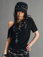 Frustration Garden Punk Print Asymmetric Slouchy One Shoulder Women's Short Sleeve T-shirts