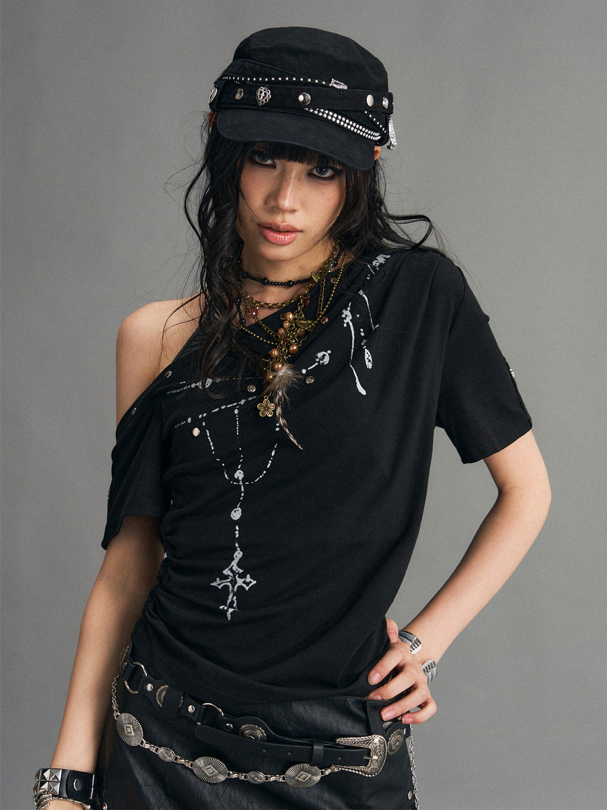 Frustration Garden Punk Print Asymmetric Slouchy One Shoulder Women's Short Sleeve T-shirts