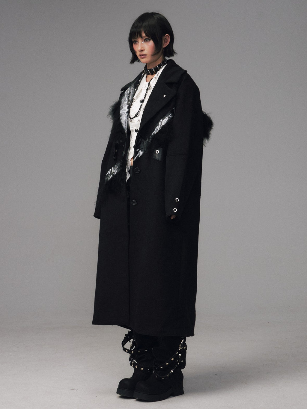 Frustration Garden Punk Rock Print Patchwork Loose Fit Women's Wool Blend Long Coats