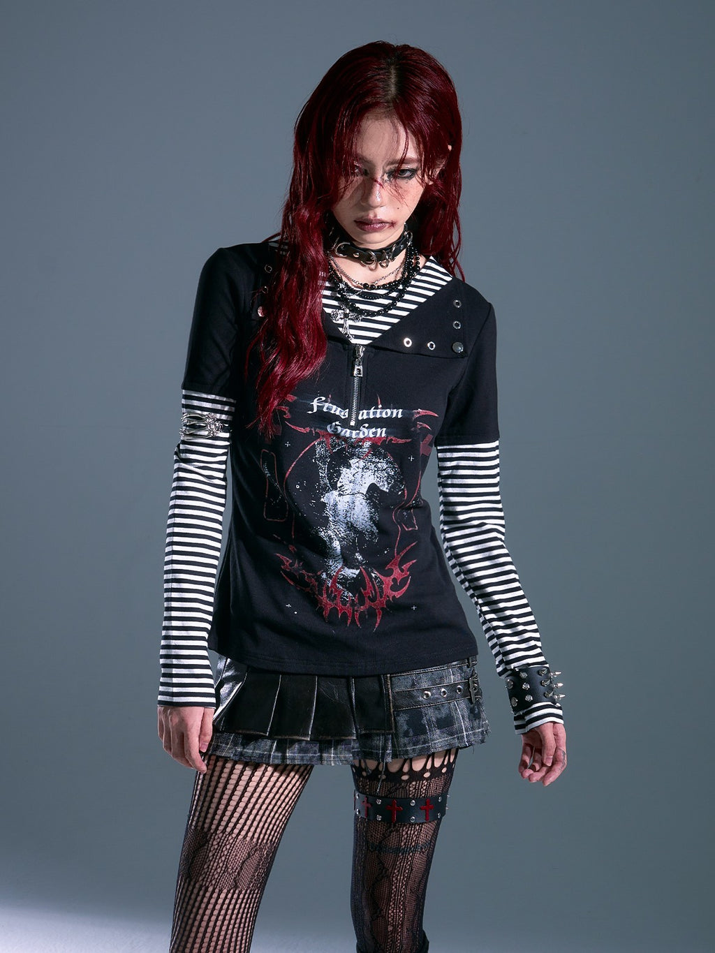 Frustration Garden Punk Rock Striped Print Rivet Faux Layer Women's Long Sleeve T-shirts