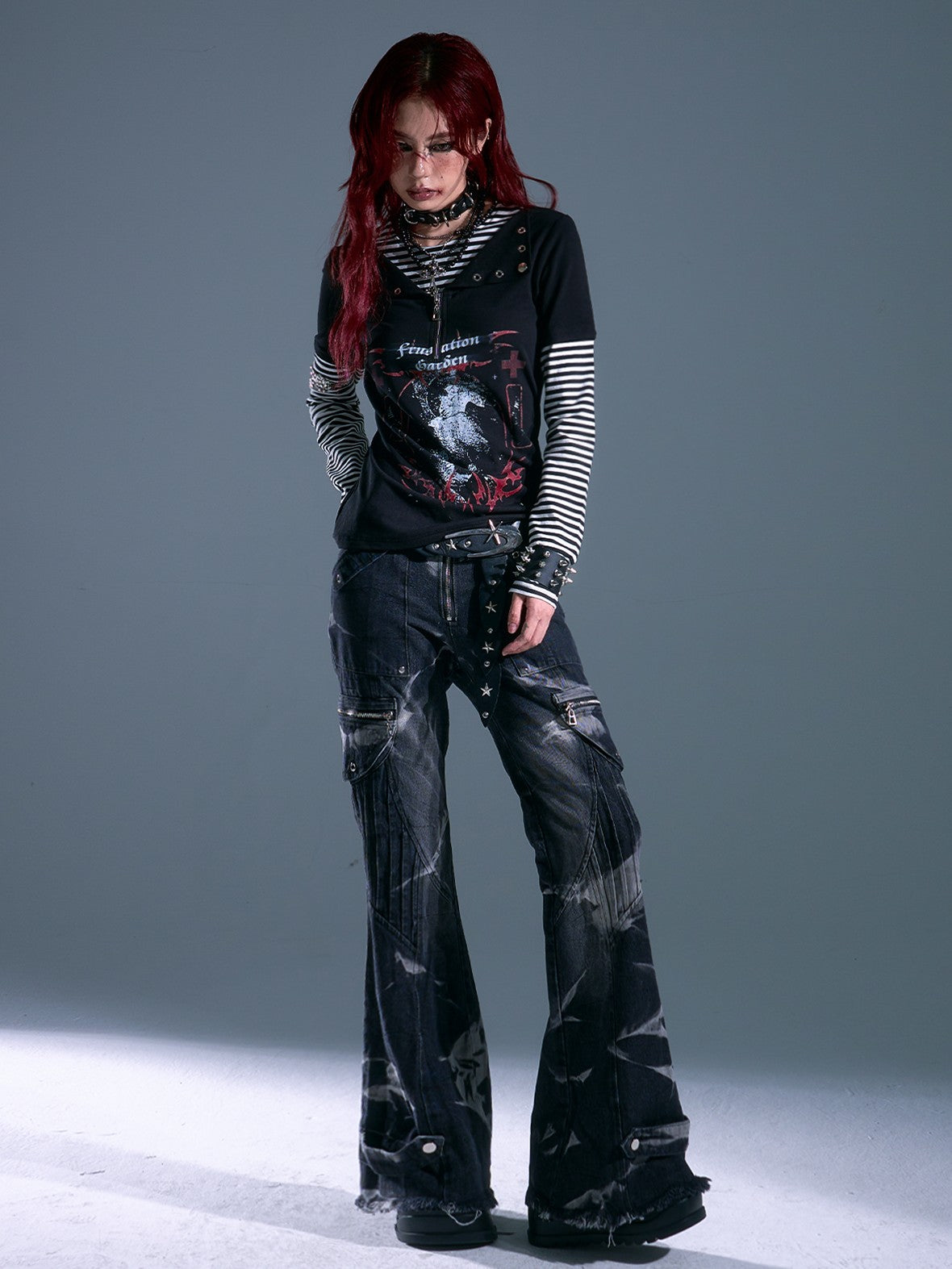 Frustration Garden Punk Rock Striped Print Rivet Faux Layer Women's Long Sleeve T-shirts