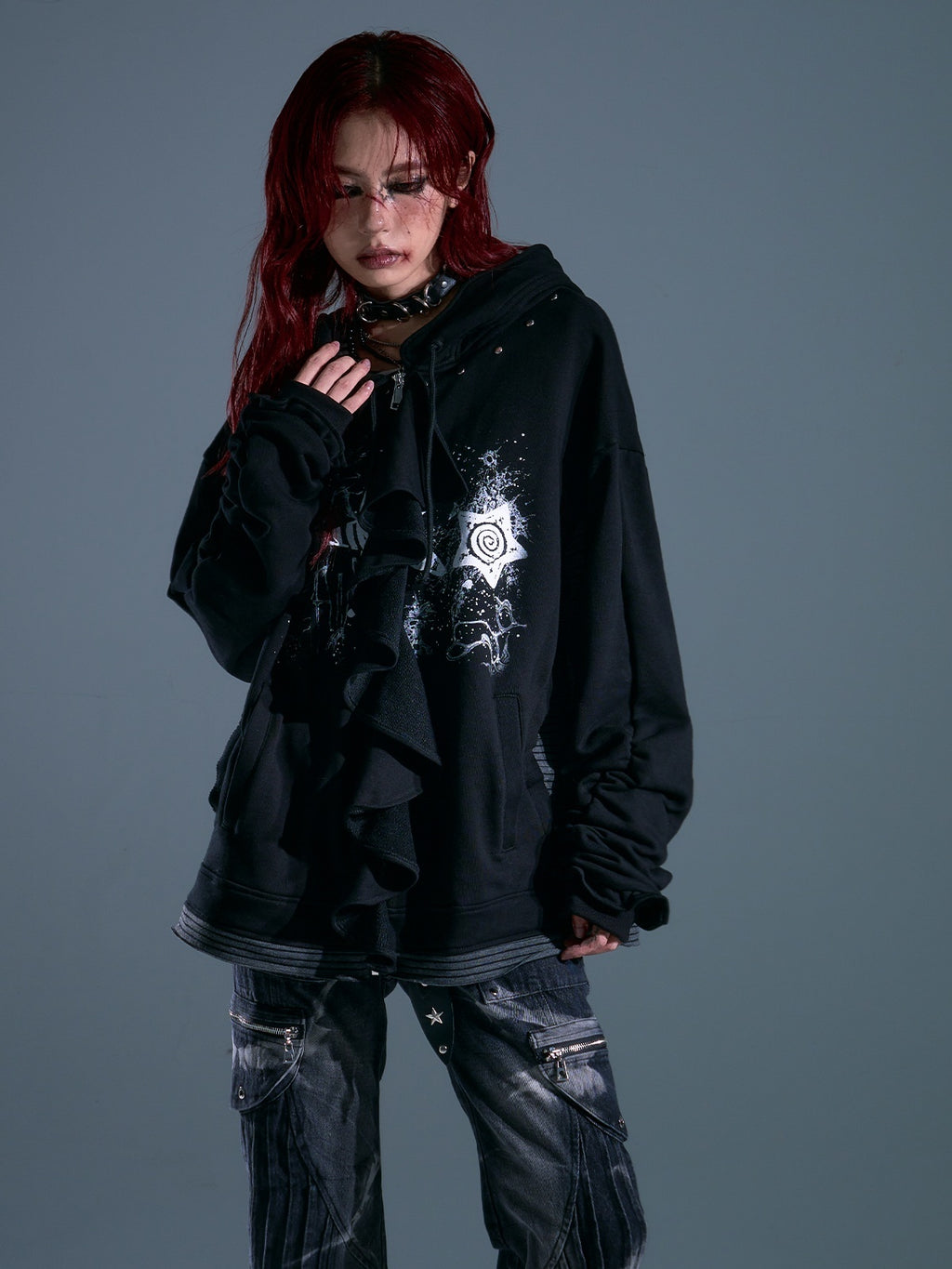 Frustration_Garden_Punk_Ruffled_Print_Zip_Up_Asymmetric_Rivet_Women's_Hoodies_968193553275_MISSTT