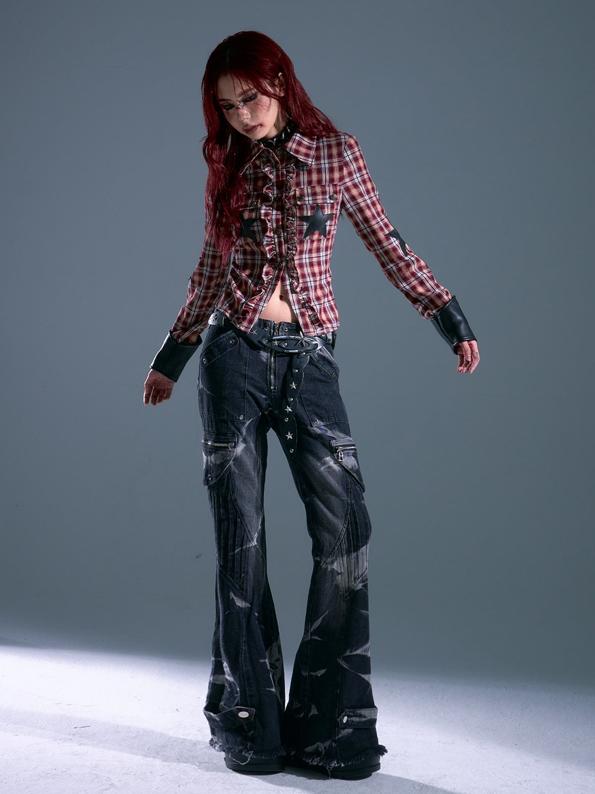 Frustration Garden Punk Star Patch Plaid Lace Up Slim Fit Long Sleeve Women's Blouses