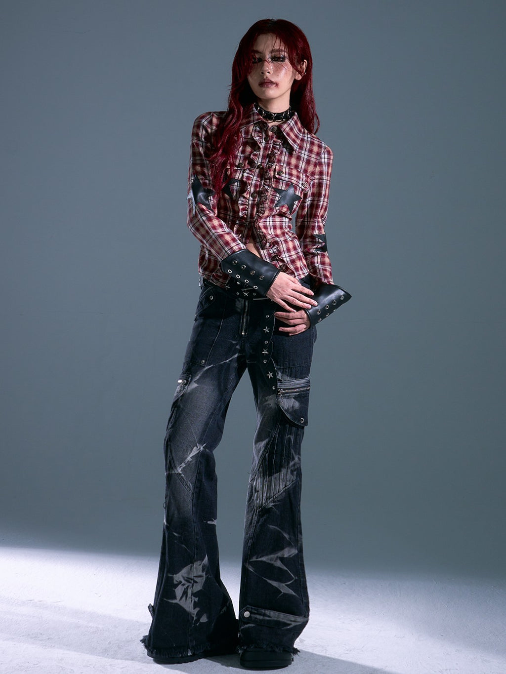 Frustration Garden Punk Star Patch Plaid Lace Up Slim Fit Long Sleeve Women's Blouses
