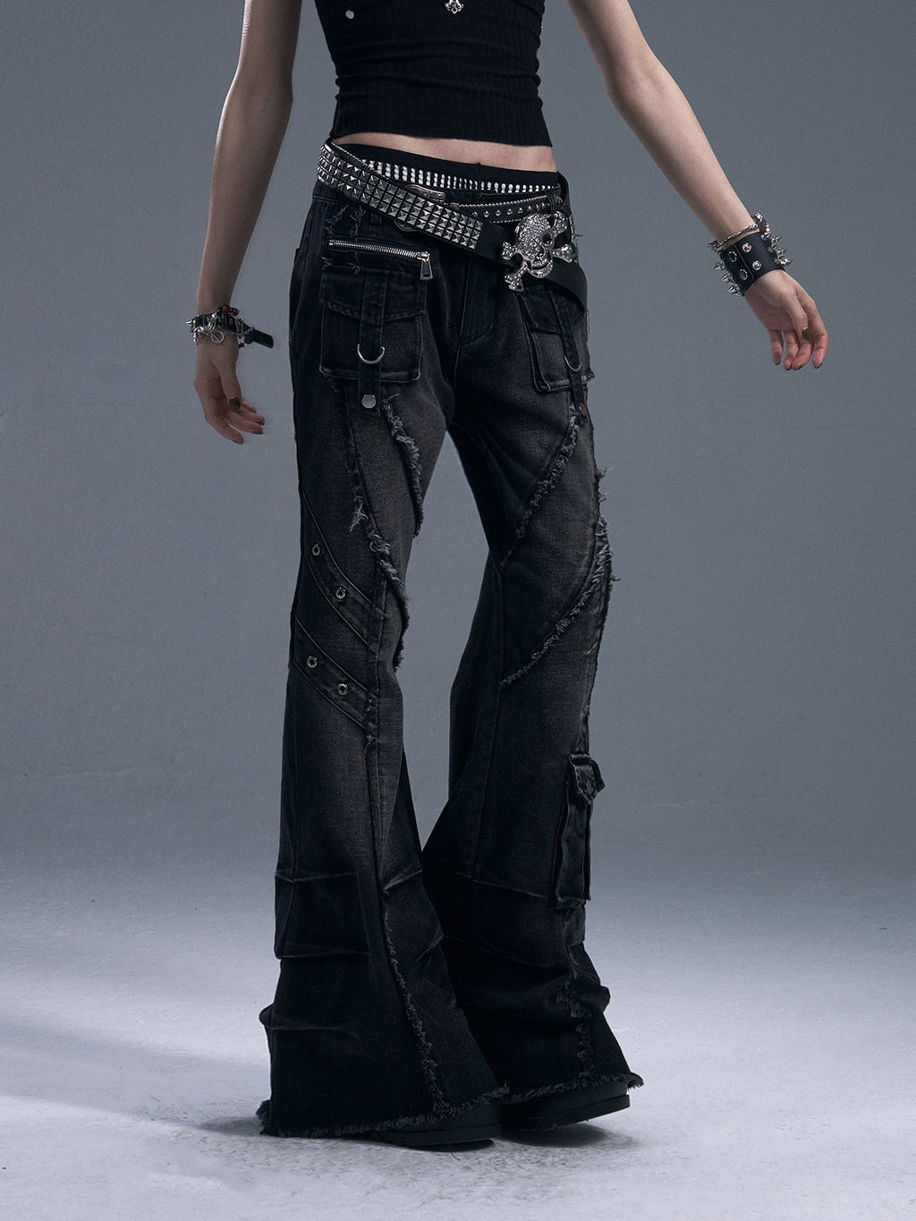 Frustration Garden Punk Street Washed Distressed Raw Hem 3d Pocket Women's Flare Jeans