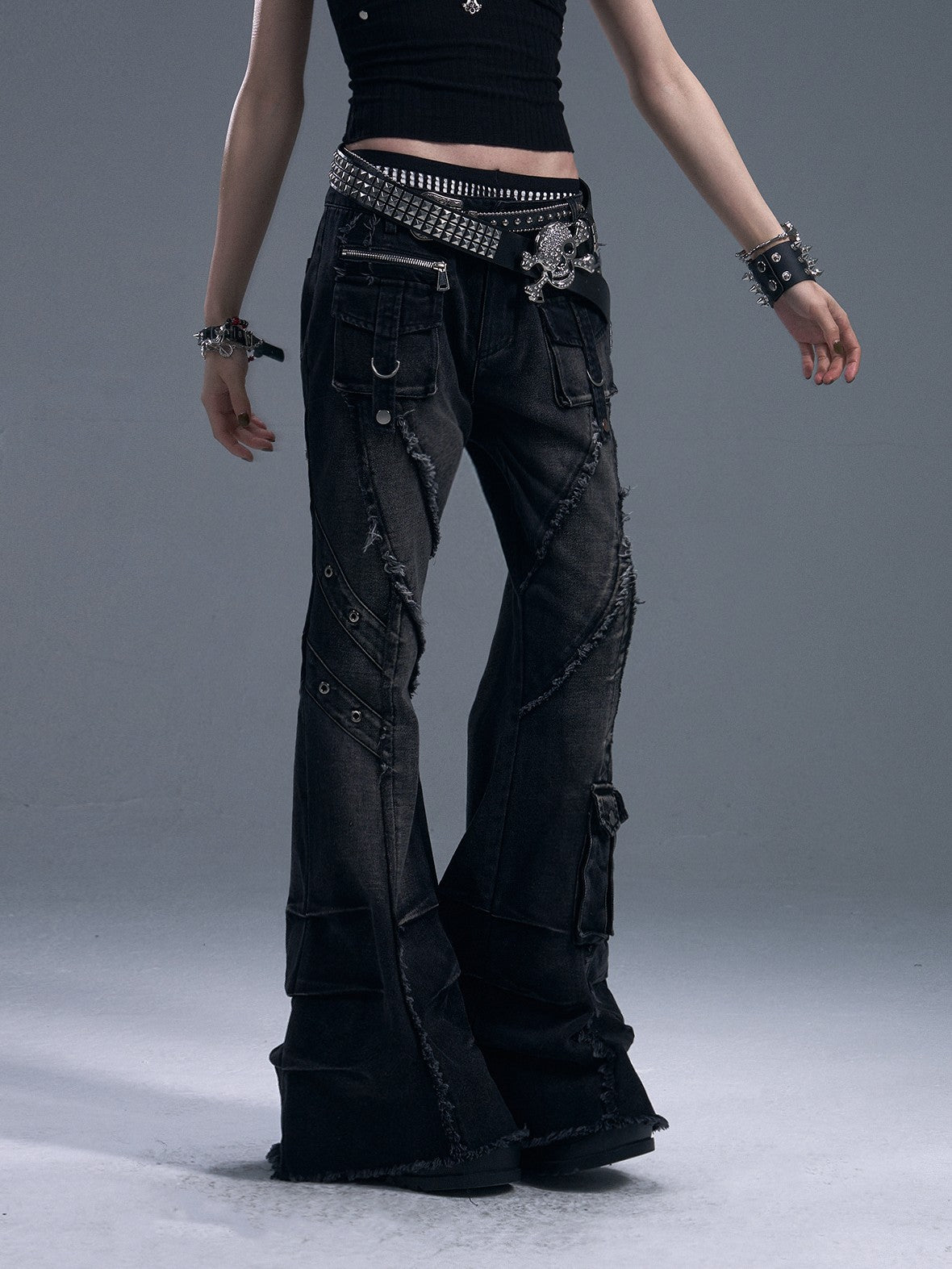 Frustration Garden Punk Street Washed Distressed Raw Hem 3d Pocket Women's Flare Jeans