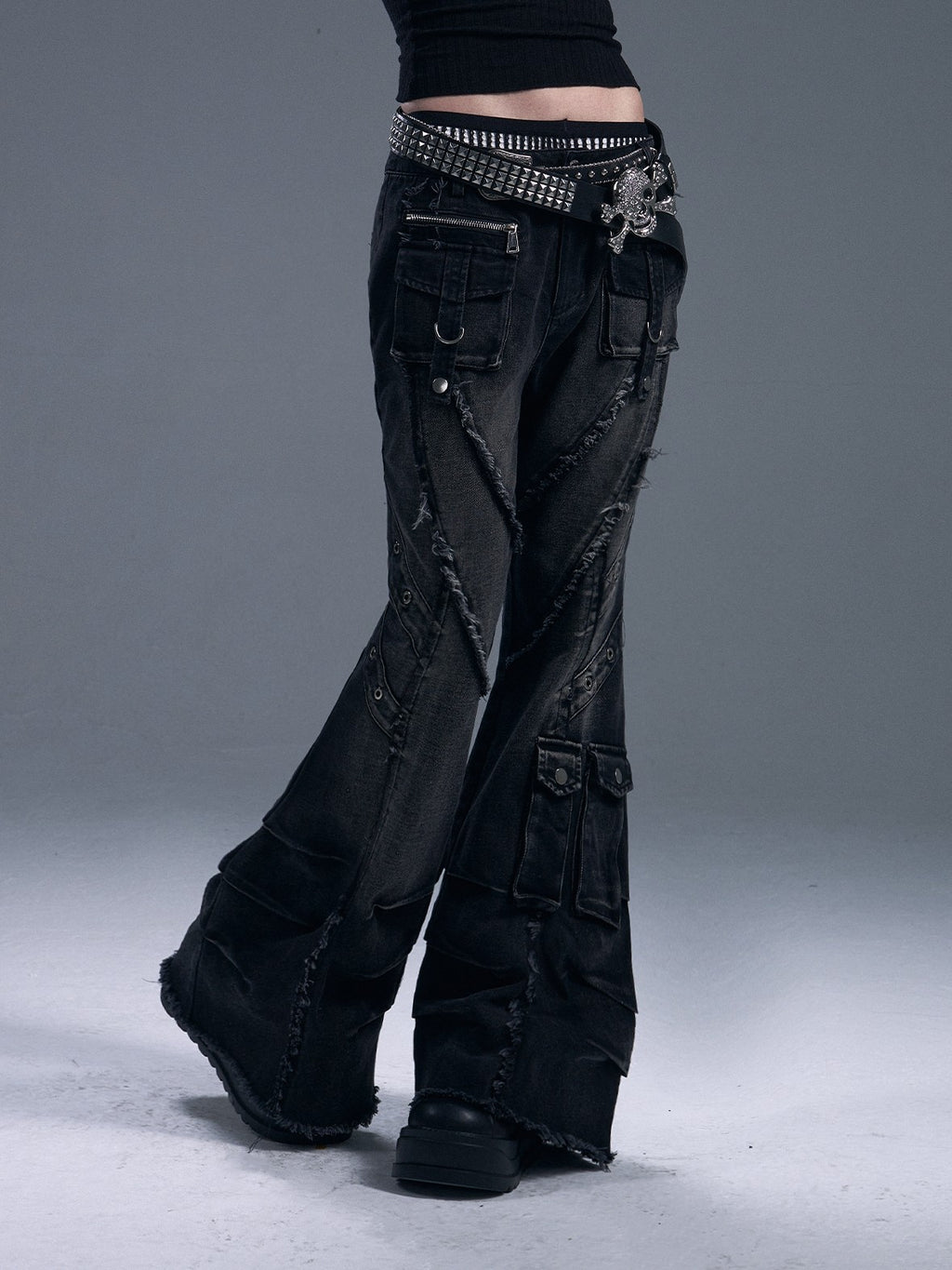 Frustration Garden Punk Street Washed Distressed Raw Hem 3d Pocket Women's Flare Jeans