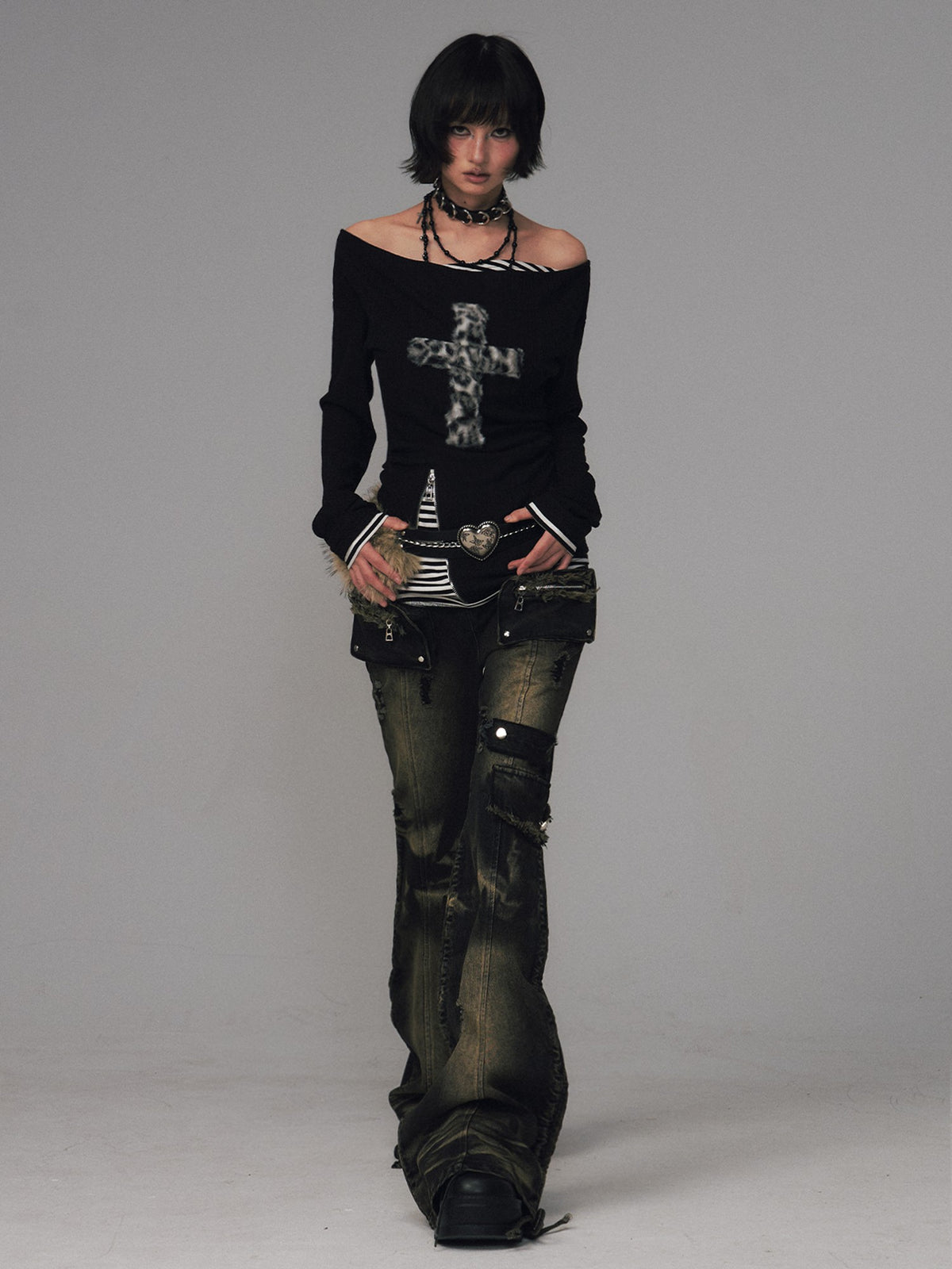 Frustration Garden Punk Washed Low Rise Frayed 3d Pockets Women's Denim Flare Jeans