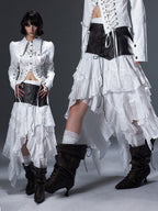 Frustration Garden Romantic Lace Up Patchwork Asymmetric Ruffle Hem Women's Pu Midi Skirts