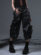 Frustration Garden Street Punk Loose Cargo 3d Pocket Lantern Capri Women's Pu Leather Pants