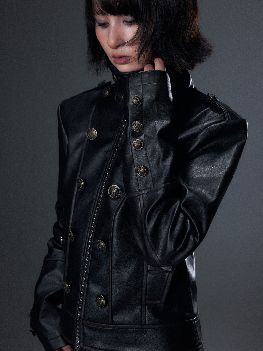 Frustration Garden Vintage Distressed Metal Button Stand Collar Slim Fit Women's Pu Leather Jackets