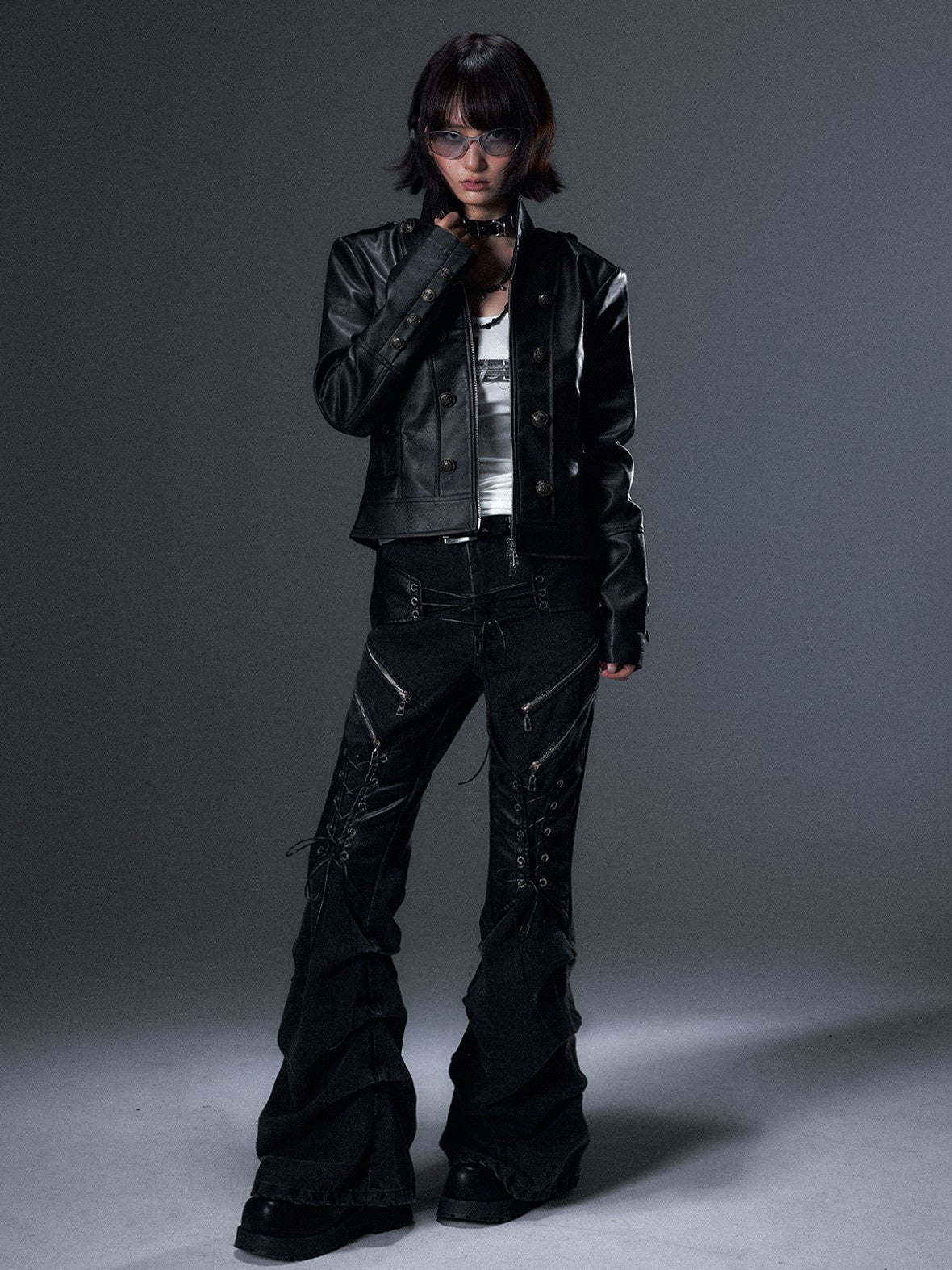Frustration Garden Vintage Distressed Metal Button Stand Collar Slim Fit Women's Pu Leather Jackets