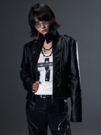 Frustration Garden Vintage Distressed Metal Button Stand Collar Slim Fit Women's Pu Leather Jackets