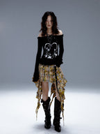 Frustration Garden Vintage Print Off Shoulder Flared Sleeve Slim Fit Women's Hats