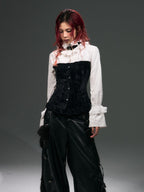 Frustration Garden Vintage Punk Palace Lace Up Lace Splicing Flare Sleeve Velvet Women's Blouses