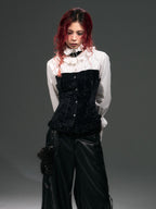 Frustration Garden Vintage Punk Palace Lace Up Lace Splicing Flare Sleeve Velvet Women's Blouses