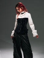 Frustration Garden Vintage Punk Palace Lace Up Lace Splicing Flare Sleeve Velvet Women's Blouses