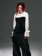 Frustration Garden Vintage Punk Palace Lace Up Lace Splicing Flare Sleeve Velvet Women's Blouses