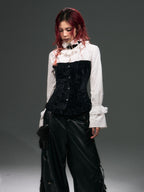 Frustration Garden Vintage Punk Palace Lace Up Lace Splicing Flare Sleeve Velvet Women's Blouses