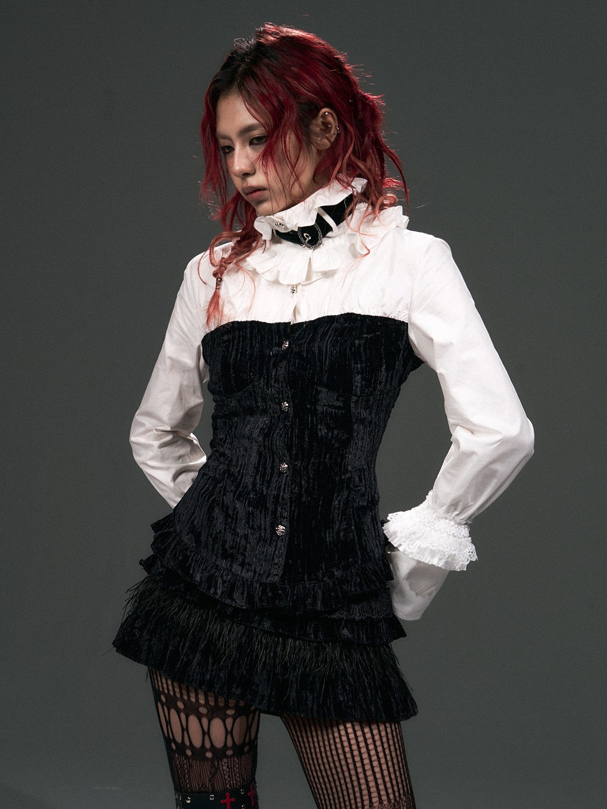 Frustration Garden Vintage Punk Palace Lace Up Lace Splicing Flare Sleeve Velvet Women's Blouses