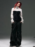 Frustration Garden Vintage Punk Palace Lace Up Lace Splicing Flare Sleeve Velvet Women's Blouses
