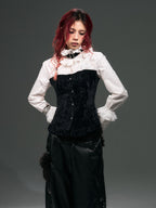 Frustration Garden Vintage Punk Palace Lace Up Lace Splicing Flare Sleeve Velvet Women's Blouses