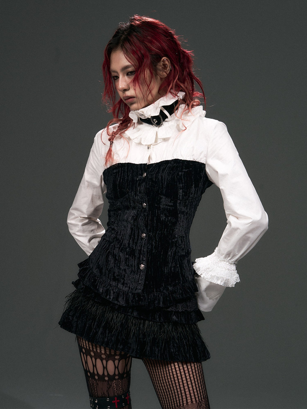 Frustration Garden Vintage Punk Palace Lace Up Lace Splicing Flare Sleeve Velvet Women's Blouses