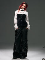 Frustration Garden Vintage Punk Palace Lace Up Lace Splicing Flare Sleeve Velvet Women's Blouses