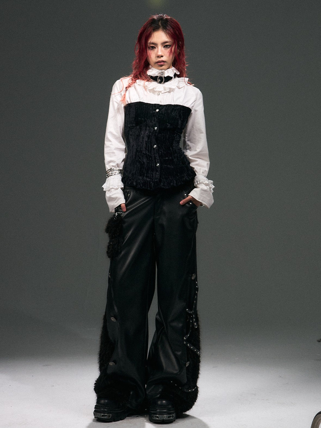 Frustration Garden Vintage Punk Palace Lace Up Lace Splicing Flare Sleeve Velvet Women's Blouses