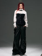 Frustration Garden Vintage Punk Palace Lace Up Lace Splicing Flare Sleeve Velvet Women's Blouses
