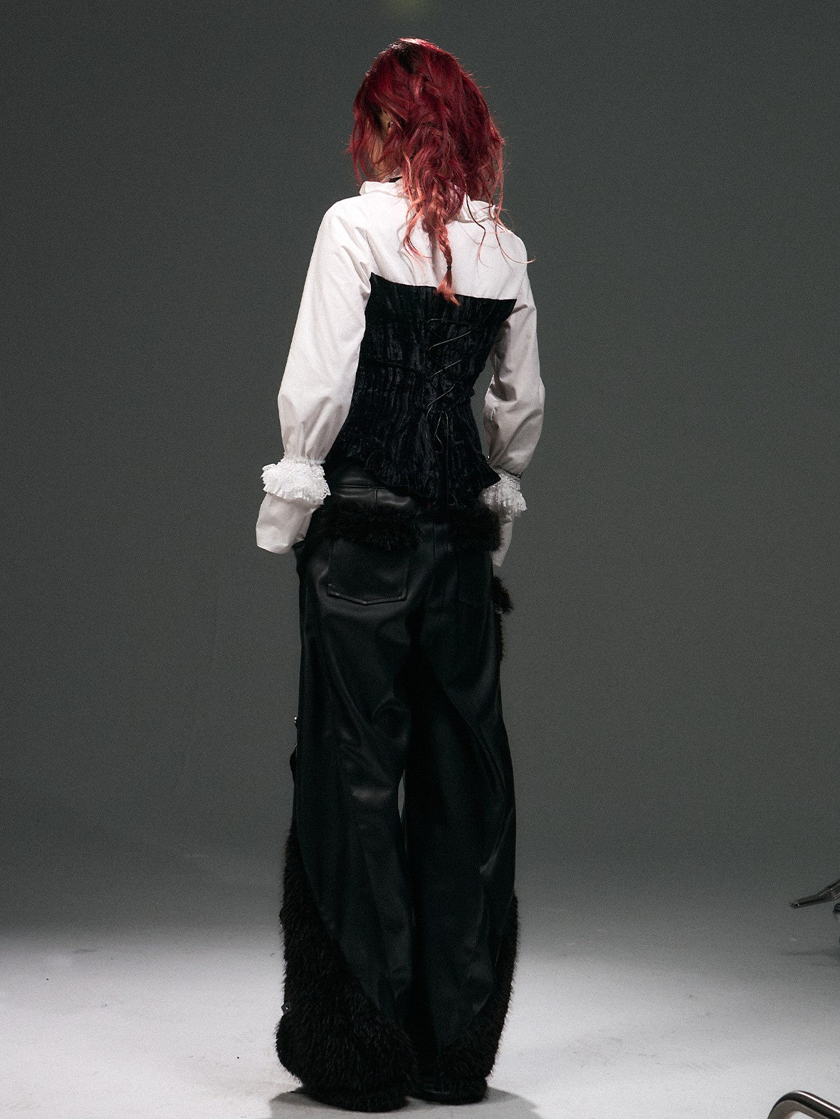 Frustration Garden Vintage Punk Palace Lace Up Lace Splicing Flare Sleeve Velvet Women's Blouses