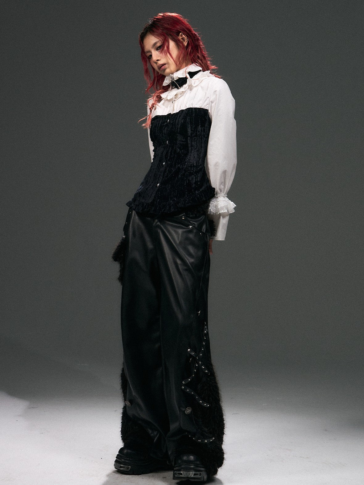 Frustration Garden Vintage Punk Palace Lace Up Lace Splicing Flare Sleeve Velvet Women's Blouses