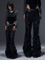 Frustration Garden Washed Distressed Pleated Lace Up Faux Leather Low Rise Women's Flare Pants