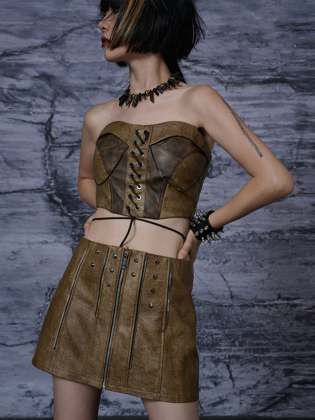Frustration Garden Washed Distressed Pu Leather Zipper Rivet Rock Women's A Line Mini Skirts