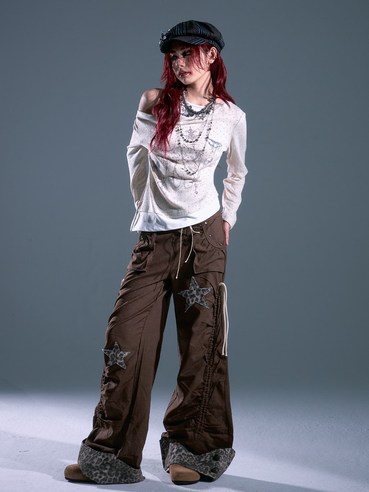 Frustration Garden Y2k Star Applique Asymmetric Drawstring Loose Fit Women's Wide-leg Pants