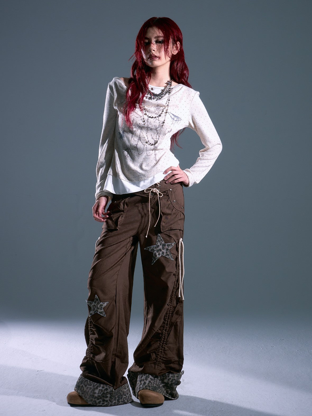 Frustration Garden Y2k Star Applique Asymmetric Drawstring Loose Fit Women's Wide-leg Pants