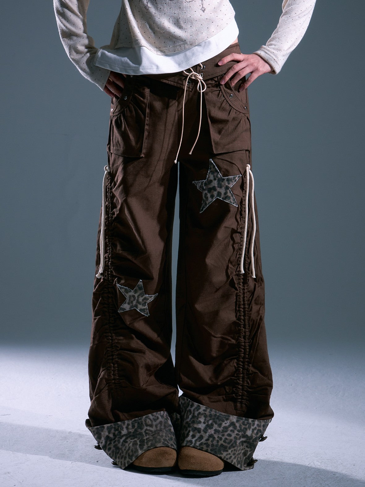 Frustration Garden Y2k Star Applique Asymmetric Drawstring Loose Fit Women's Wide-leg Pants