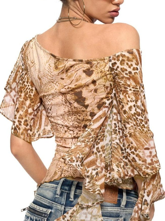 JYOSEI Asymmetric Ruffle Print One Shoulder Women's Polyester Short Sleeve T-shirts