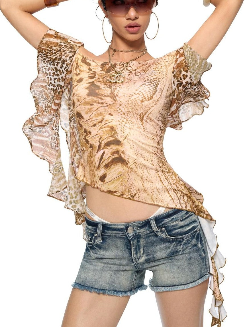 JYOSEI Asymmetric Ruffle Print One Shoulder Women's Polyester Short Sleeve T-shirts