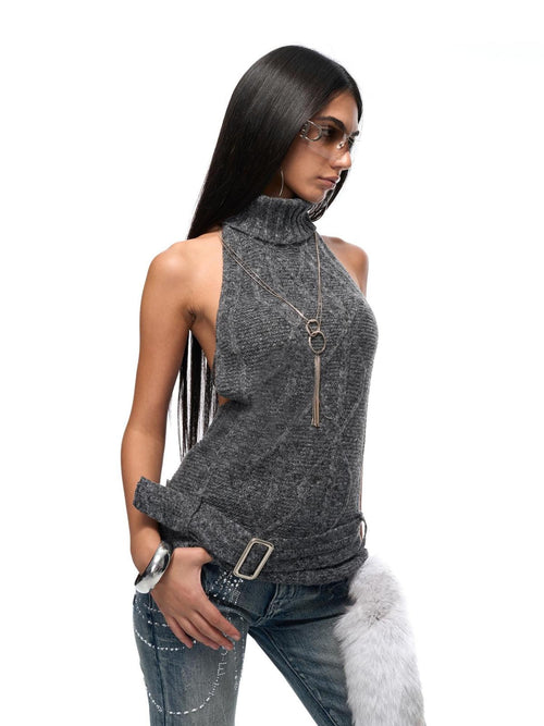 JYOSEI Backless Halter Ribbed Knit Women's Acrylic Sweaters