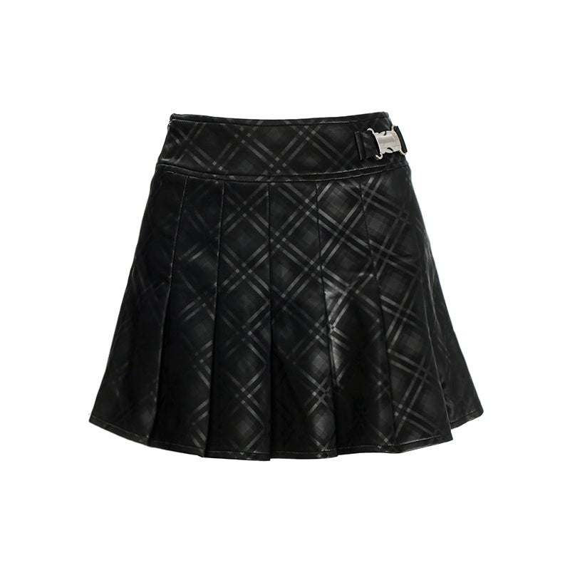 JYOSEI_Black_Faux_Leather_Plaid_Pleated_Women's_Top_&_Skirt_Sets_653065176473_MISSTT