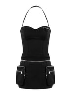 JYOSEI Black Multi Pocket Low Waist Women's Cotton Slim Cami Top & Shorts Sets