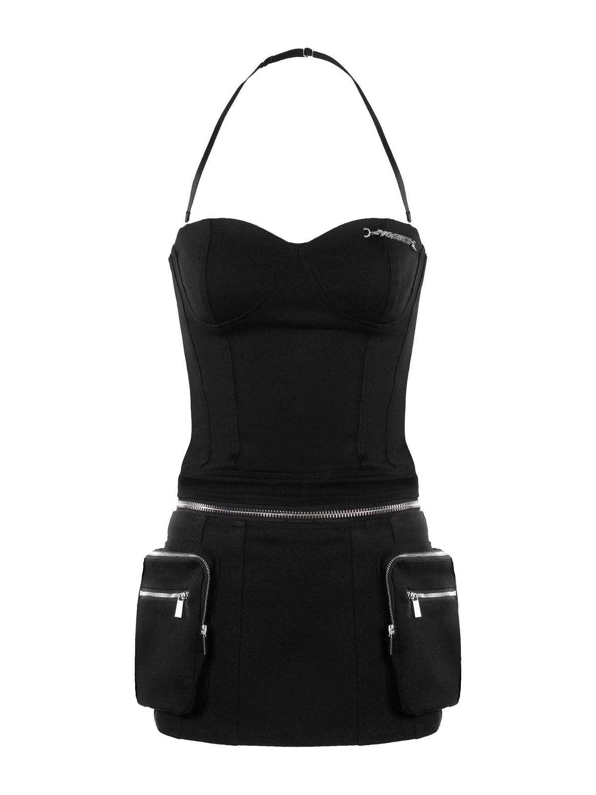 JYOSEI Black Multi Pocket Low Waist Women's Cotton Slim Cami Top & Shorts Sets
