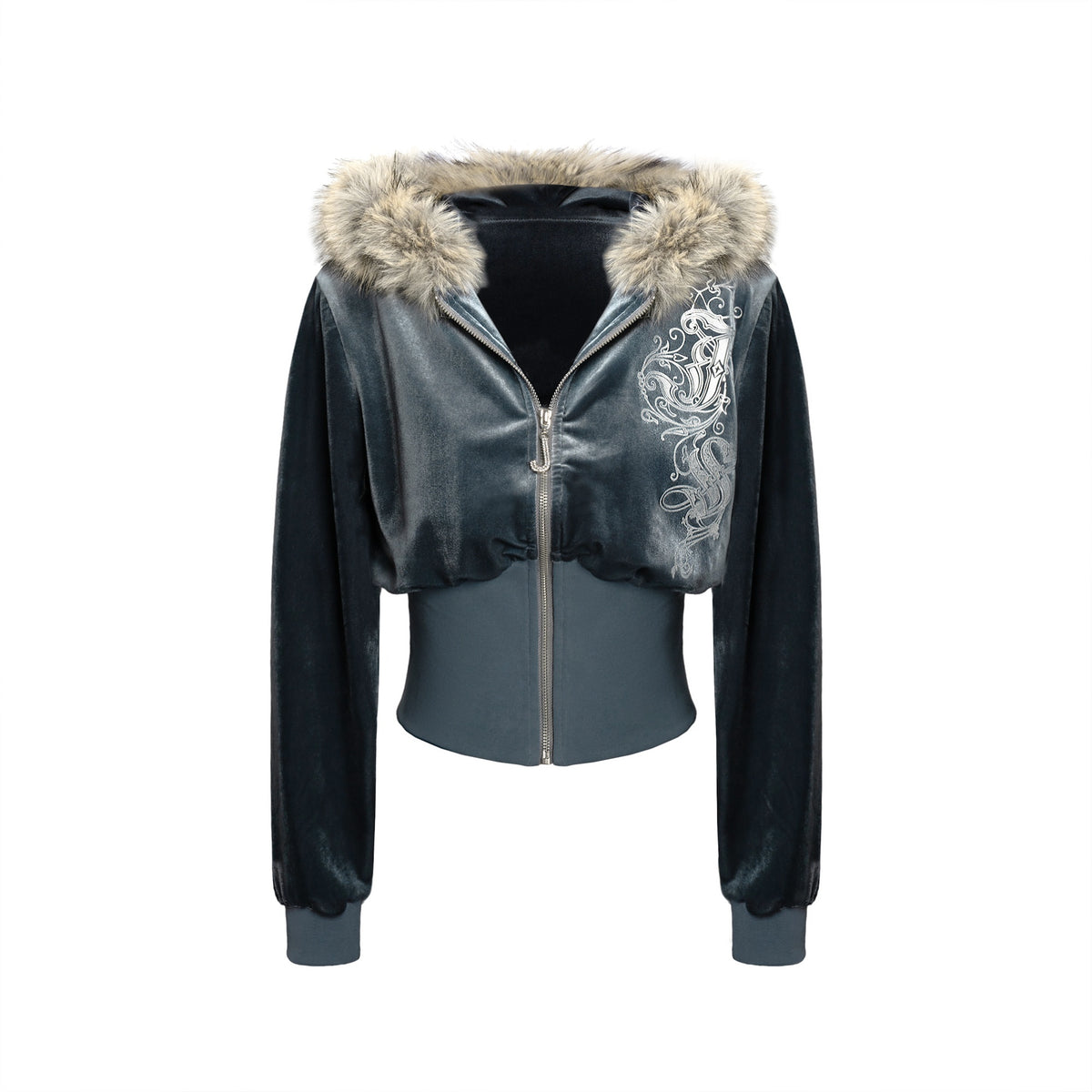 JYOSEI_Blue_Velvet_Letter_Print_Zip_Hoodie_Loose_Women's_Polyester_Top_&_Pants_Sets_1083525105118_MISSTT