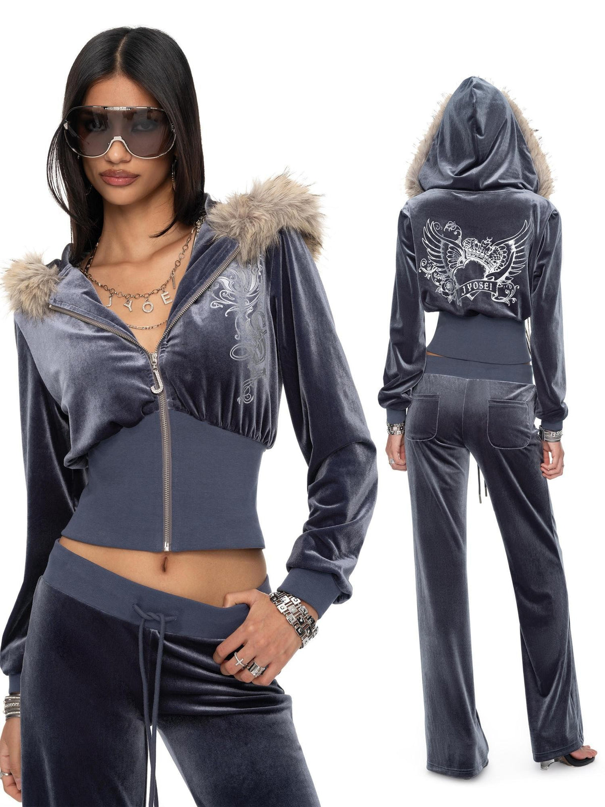 JYOSEI Blue Velvet Letter Print Zip Hoodie Loose Women's Polyester Top & Pants Sets